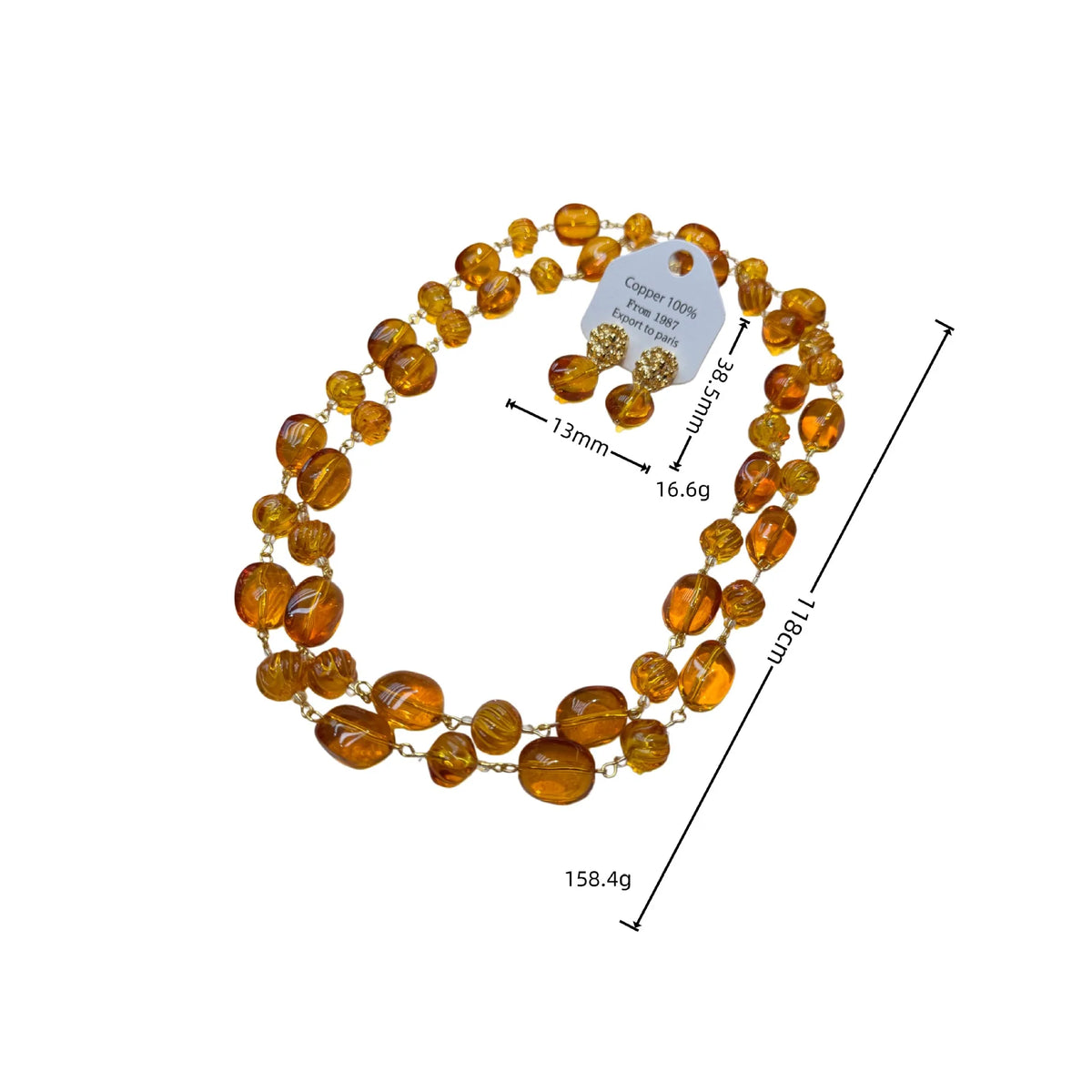 Vintage Amber Beaded Necklace and Earring Set for Women