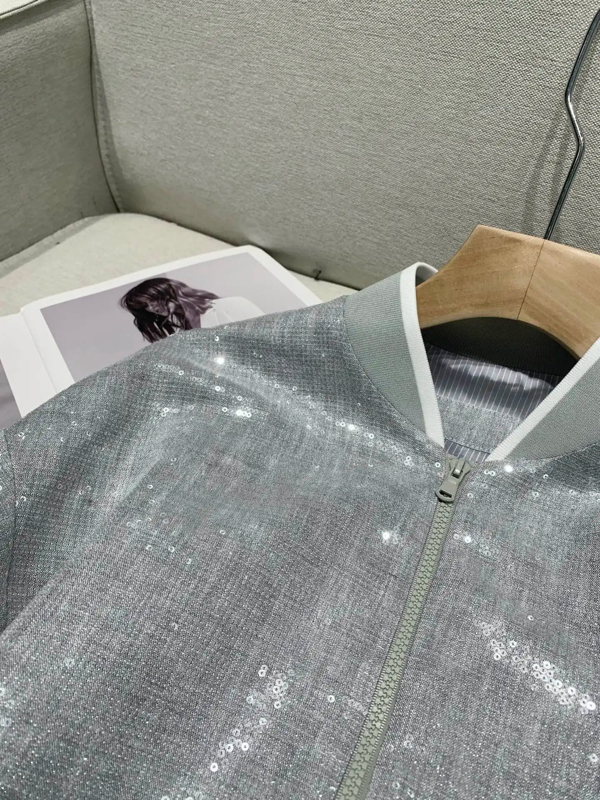 Elegant Heavy Sequin Zip Front Jacket Outerwear for Women