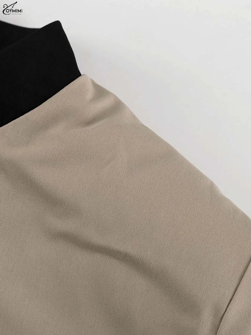 Oymimi Fashion Black Patchwork Two Piece Set For Women Casual Long Sleeve Button Pockets Crop Shirts + High Waist Mini Skirt Set