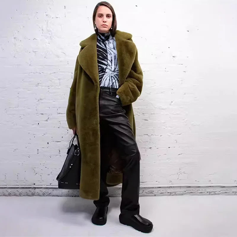 Long Belted Faux Fur Winter Coat