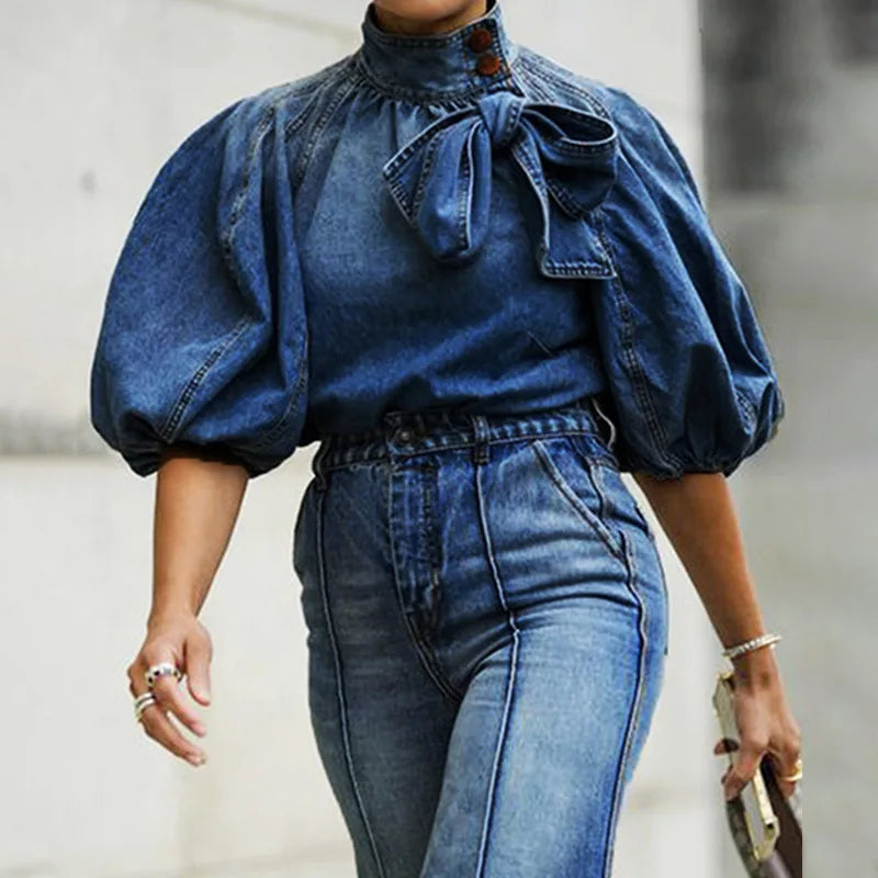 Denim Turtleneck Puff Sleeve Top