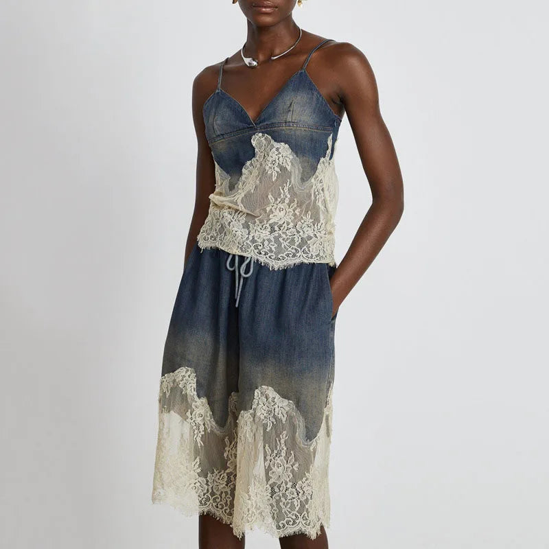 ANJY Summer New Women Y2K Streetwear Ins Fashion Sexy Hot Lace Patchwork Denim Camisole Vest Casual Drawstring Fifth Pants A7219