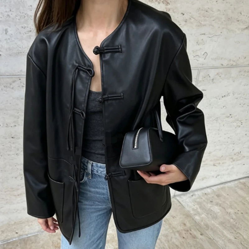Autumn Winter Pu Leather Moto Jacket With Long Sleeve for Women