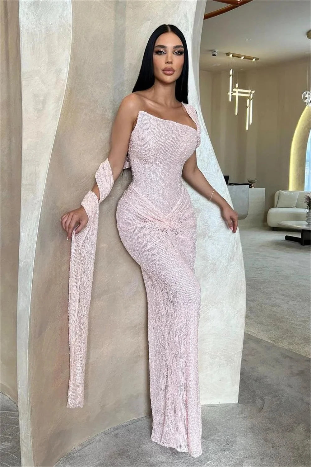 Beaded Pleats Strapless Evening Gown