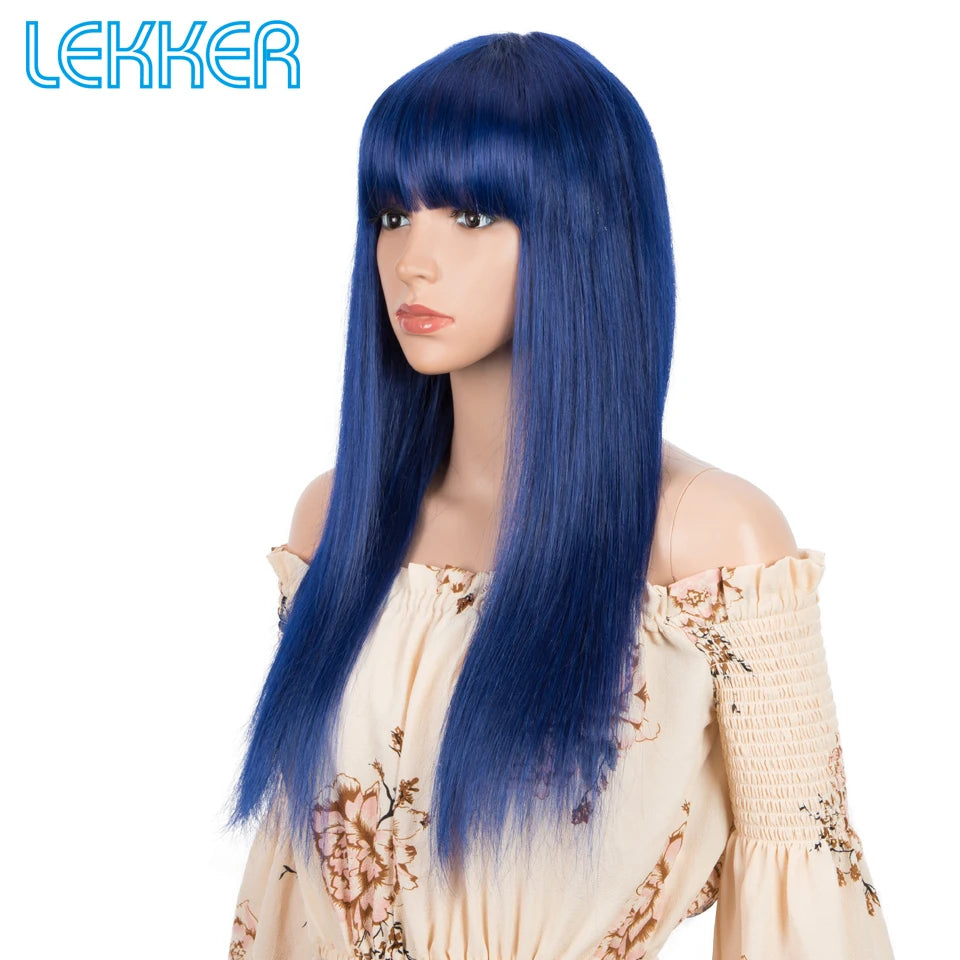 Royal Blue Straight Human Hair Wig With Bangs for Women