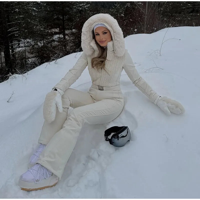 Warm Fur Trim Hooded Winter Ski Suit with Belt for Women