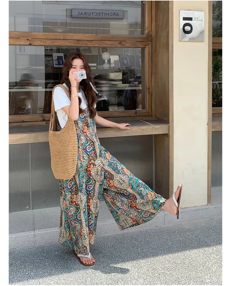 Vintage Bohemian Printed Wide Leg Casual Jumpsuit For Women