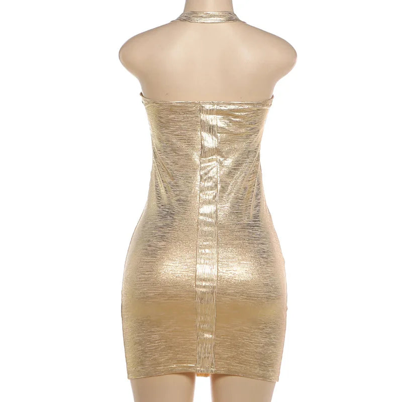 Metallic Strapless Halter Backless Bodycon Mini Dress for Women