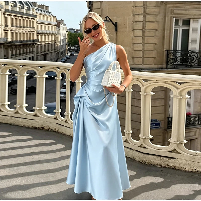 Charming One Shoulder Ruched Waist Satin Midi Dress For Women