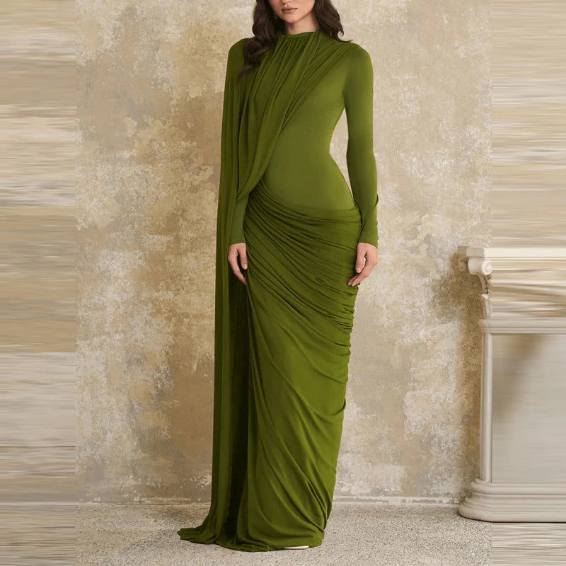Women's Casual Long Sleeve Ribbon Gowns Elegant Round Neck Slim Evening Dress 2026 Fashion Pleated Design Solid Color Long Dress