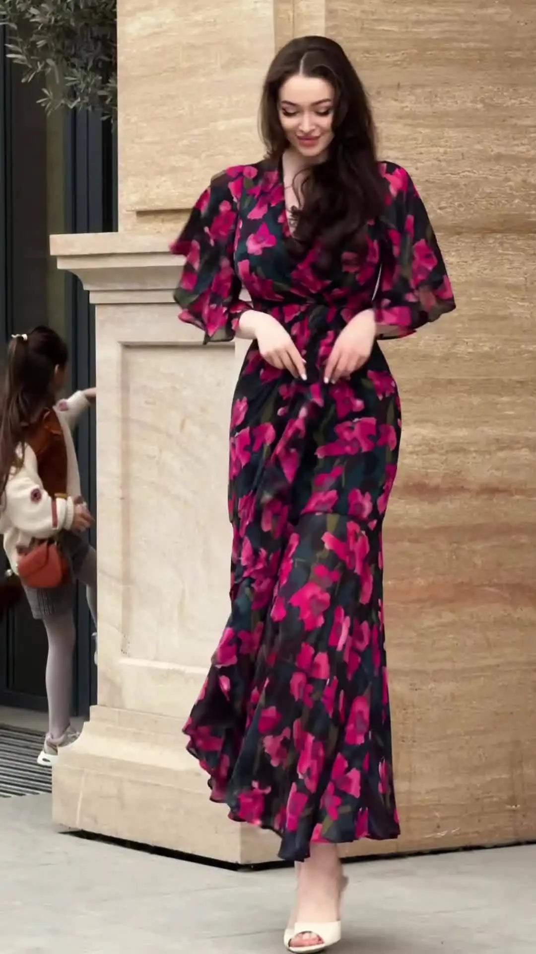 V Neck Floral Print Short Sleeve Ankle Length Dress for Women
