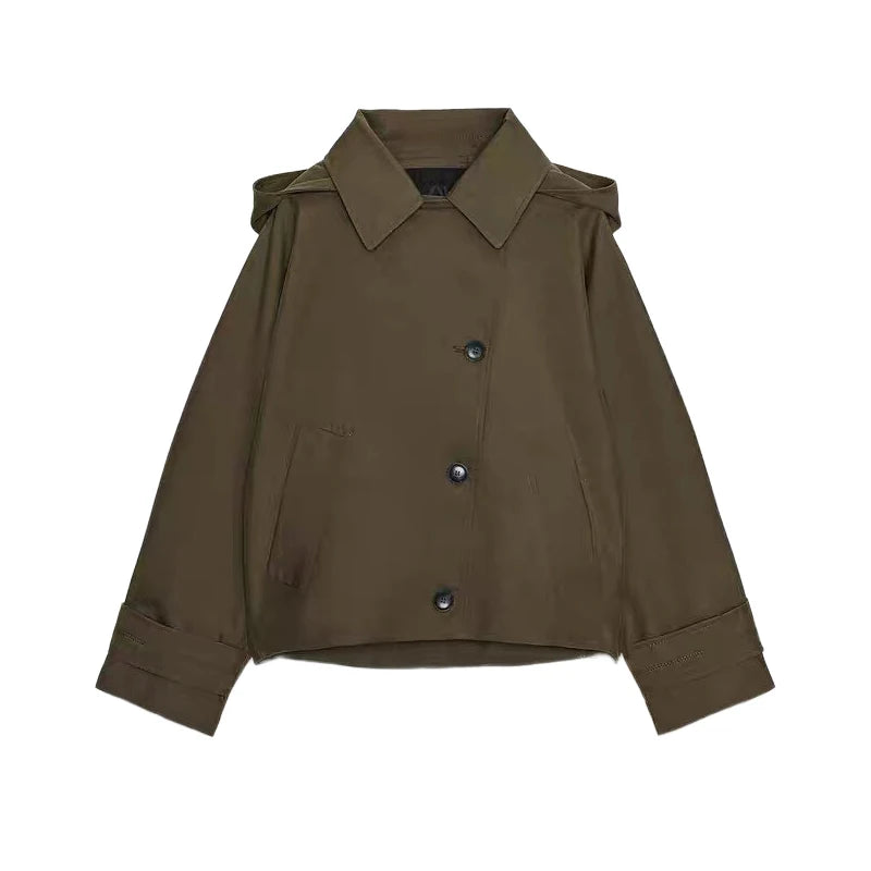 Vintage Single Breasted Women 's Treach Coats Loose Hooded Pockets Full Sleeve Short Jacket Female 2025 Autumn New Lady Outwears