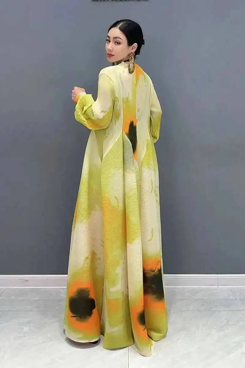 Printed Chiffon Ankle Length Dress With Bubble Sleeves for Women