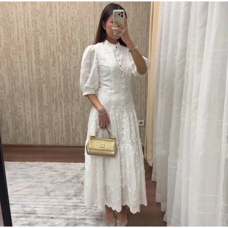 Floral Puff Sleeve Empire Waist Long Dress for Women