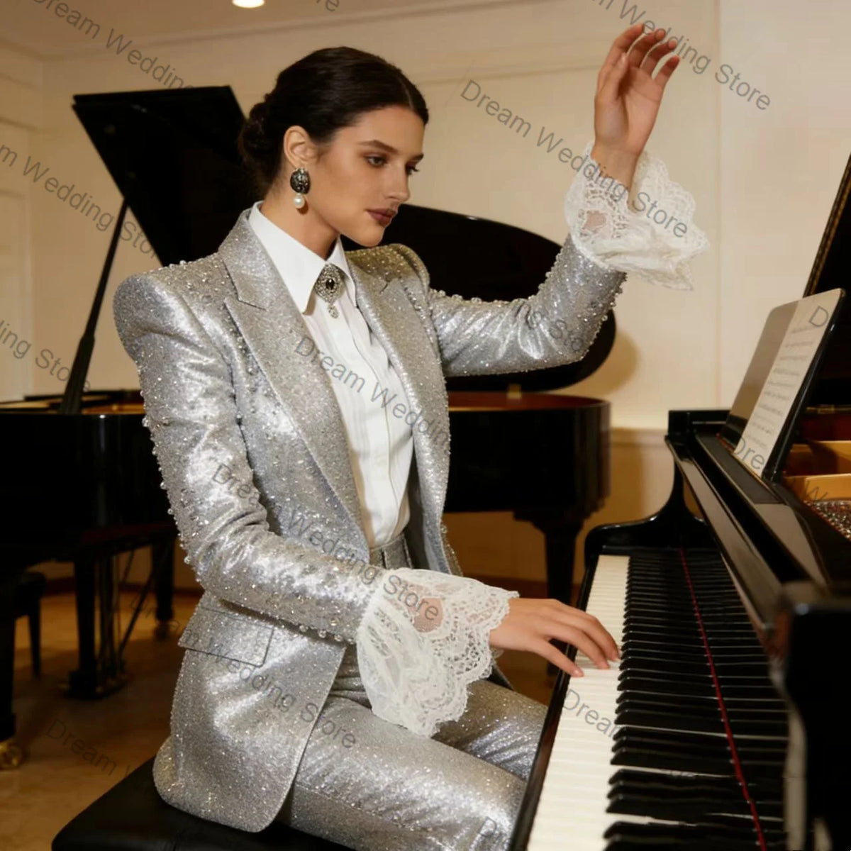 Classic Sequined Silver Two Piece Blazer And Pant Set For Women