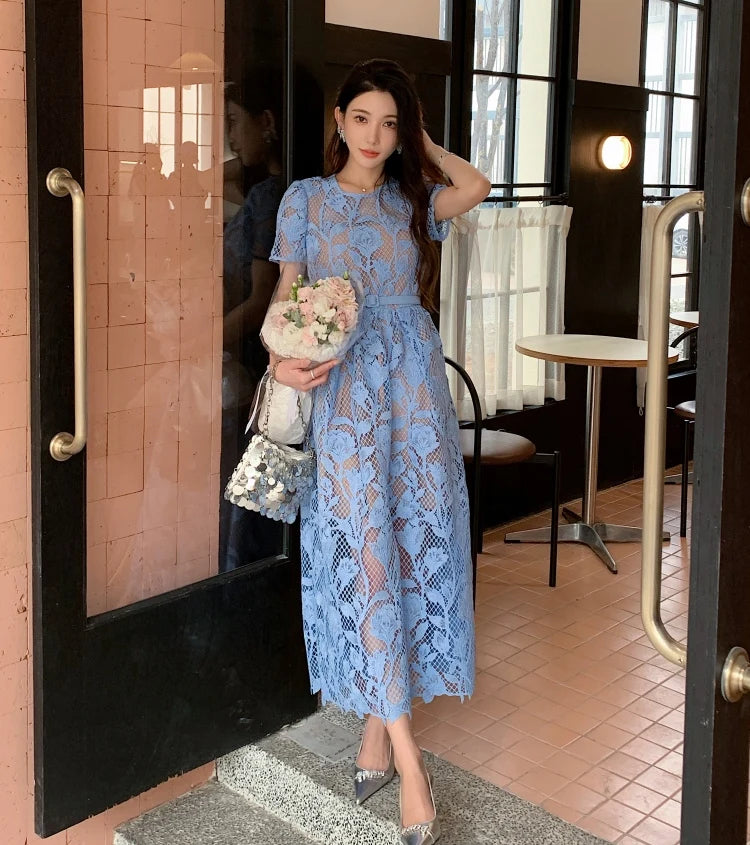 High-end Blue Heavy Lace Hollow Round Neck Short Sleeve Women's Summer Dresses New Elegant High Waist Slim Long Party Dress