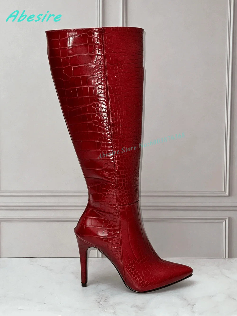 Burgundy Crocodile Pattern Knee High Boots Pointed Toe Stiletto Heel Side-Zipper Women's Boots Retro Sexy Daily Party Shoes