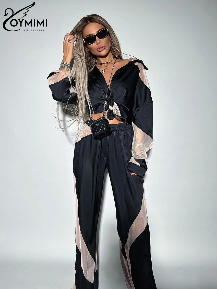 Oymimi Fashion Black Satin Patchwork 2 Piece Set Women Outfit Streetwear Long Sleeve Shirt With High Waist Pant Sets Y2k Clothes