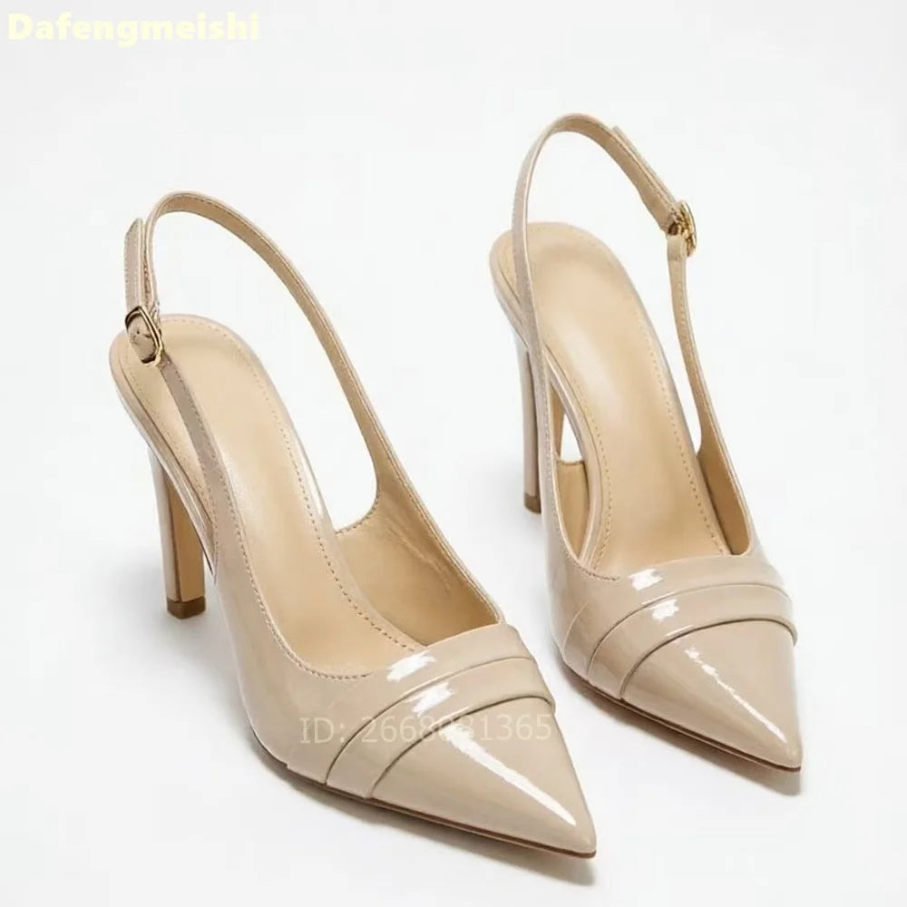 Nude Patent Leather Pleated Pointed Toe Slingback Pumps For Women