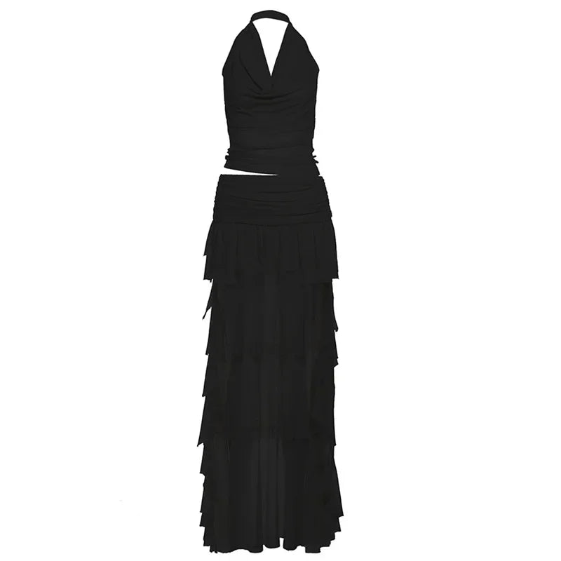 Woman Clothing 2 Pieces Set Dresses Backless Halter Top and Ruffle Long Skirt Elegant Summer Vacation Outfits P94-DH38