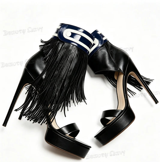 Black Fringe Platform Sandals