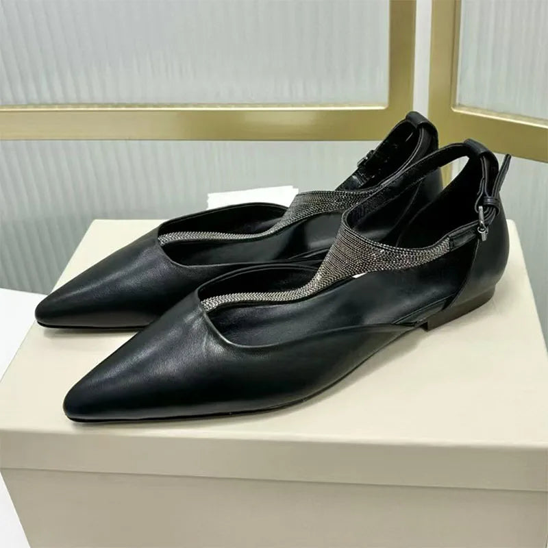 Genuine Leather Pointed Toe Flats With Beaded Ankle Strap For Women