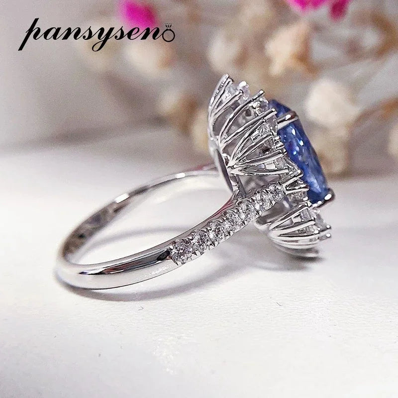 PANSYSEN Luxury 100% 925 Sterling Silver 4.5CT Oval Cut Sapphire High Carbon Diamond Ring Anniversary Party Fine Jewelry Gift
