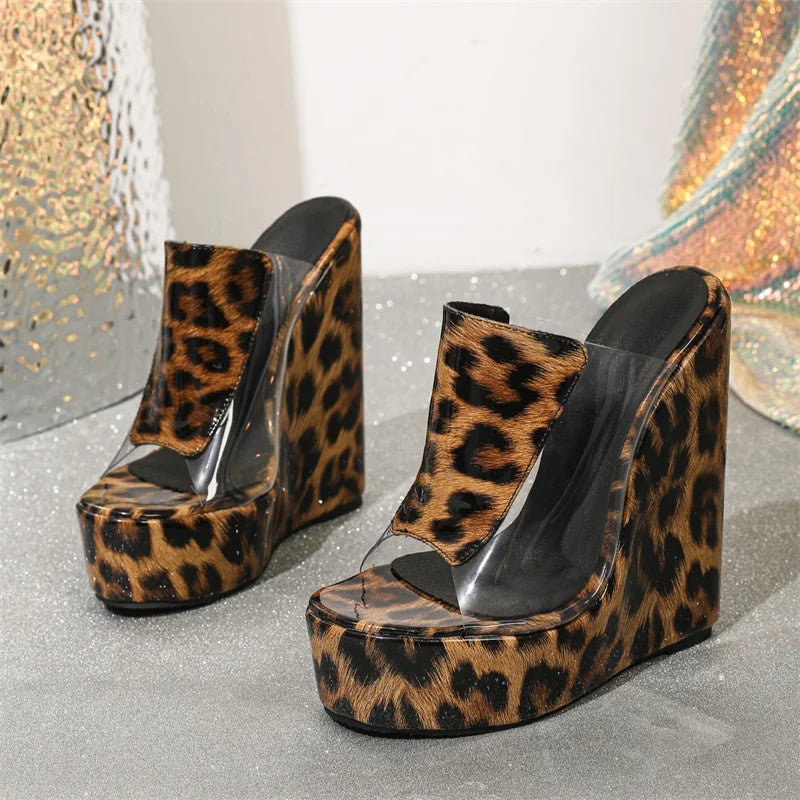 Open Toe Platform Leopard Print Wedge Sandals for Women