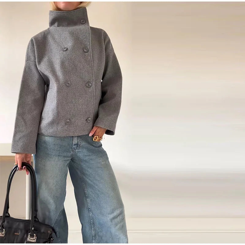 Solid Double Breasted Stand Collar Long Sleeve Overcoat for Women