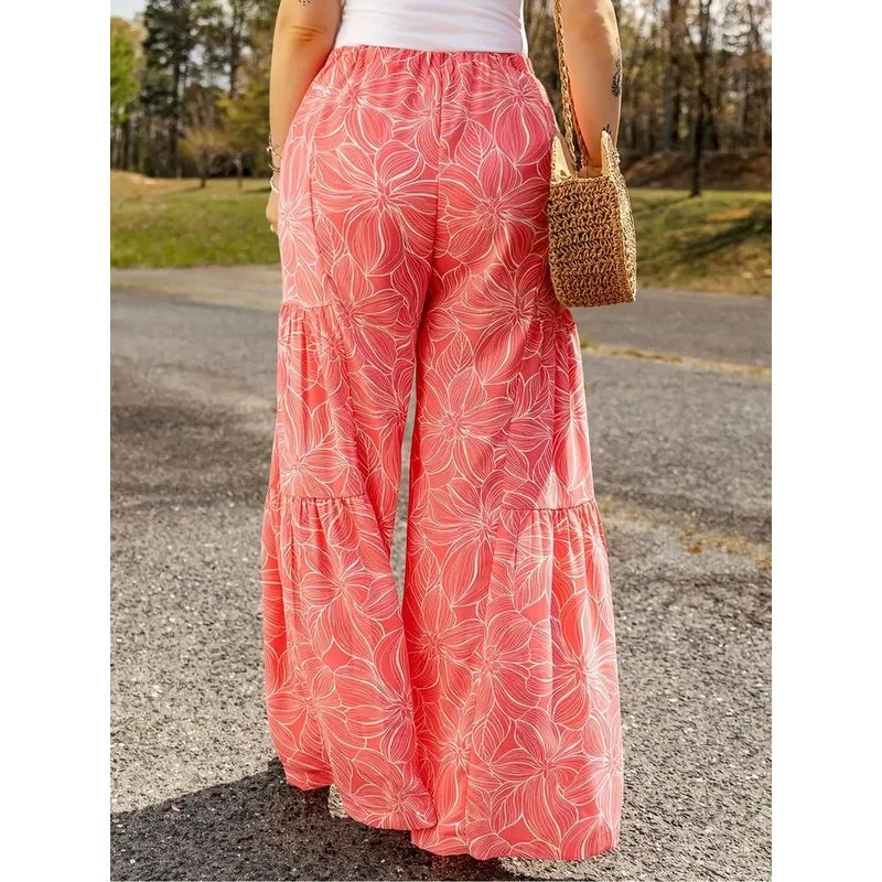 Plus Size Printed Wide Leg Elastic Waist Pants for Women