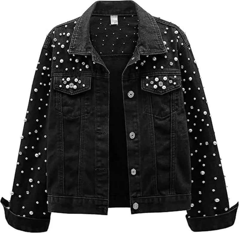 Pearl Beaded Lapel Long Sleeve Denim Jacket for Women