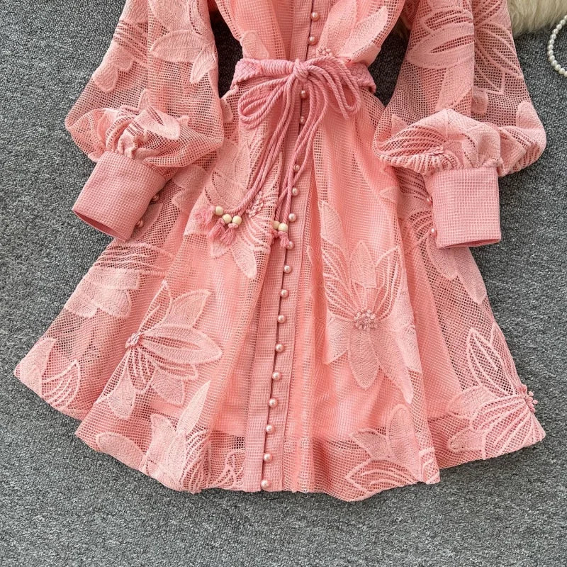 Elegant Embroidered Lantern Sleeve Midi Dress for Women