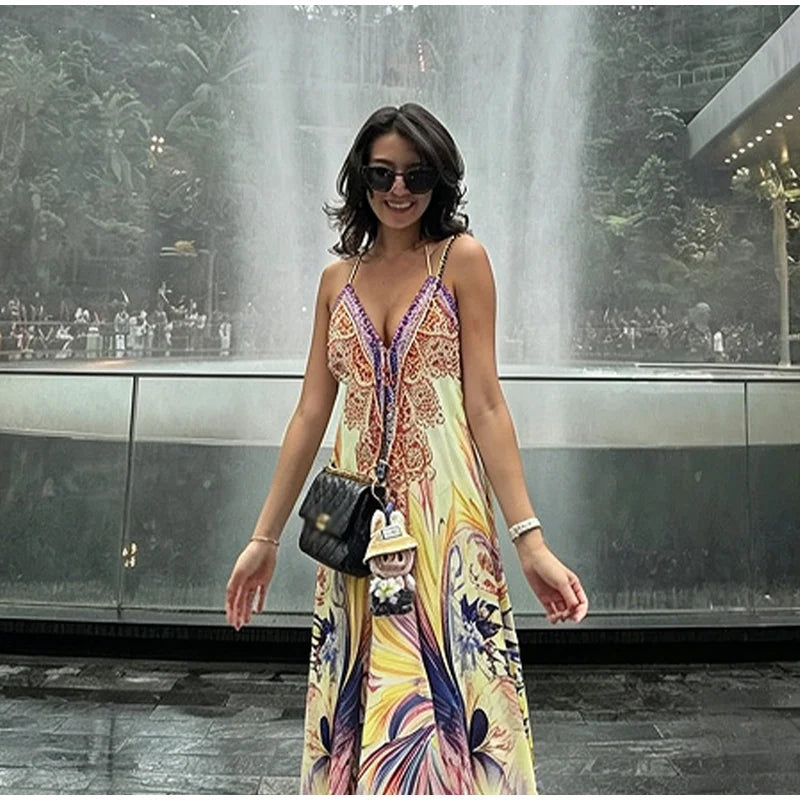 Beach Print Halter Neck Backless Long Dress for Women