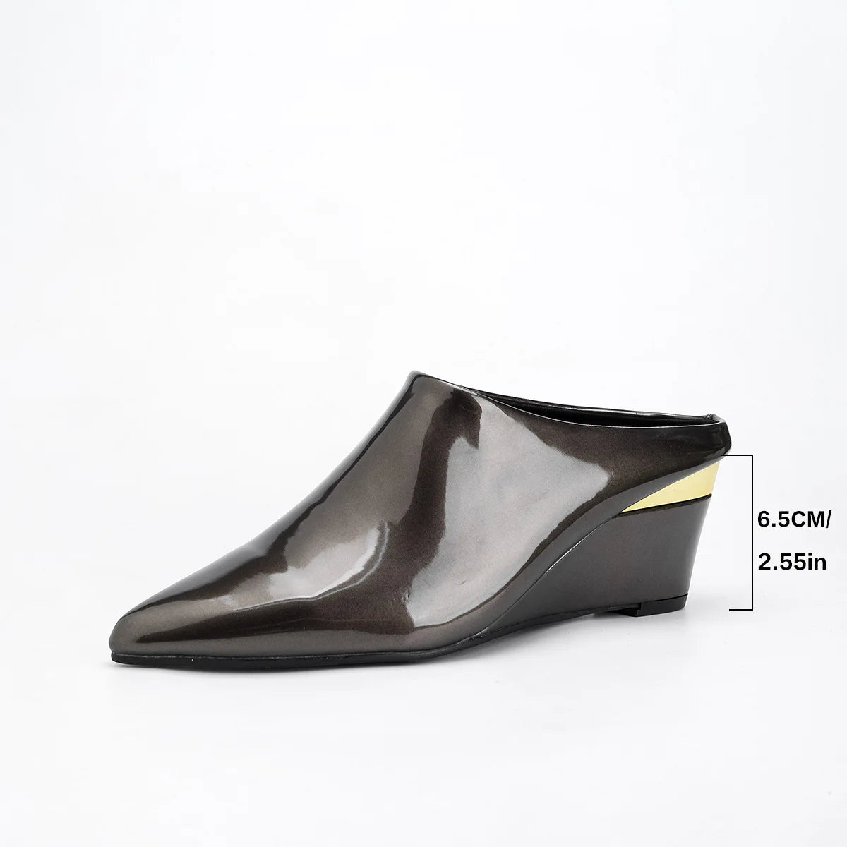 High Heel Pointed Toe Patent Leather Wedge Mules for Women