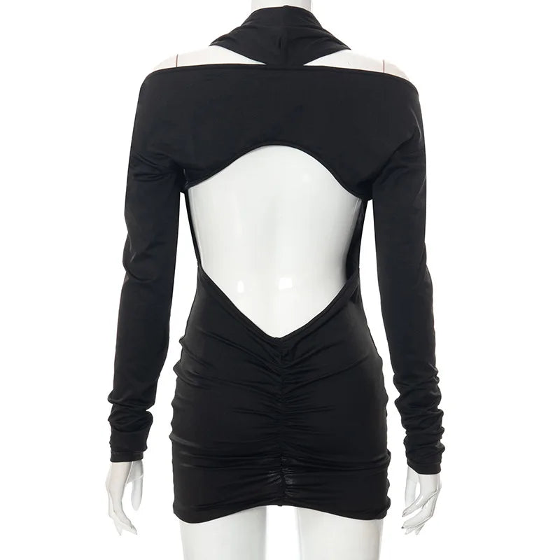 Cryptographic Deep V Neck Long Sleeve Mesh See Through Sexy Backless Mini Dress Women Club Party Elegant Ruched Dresses Clothes