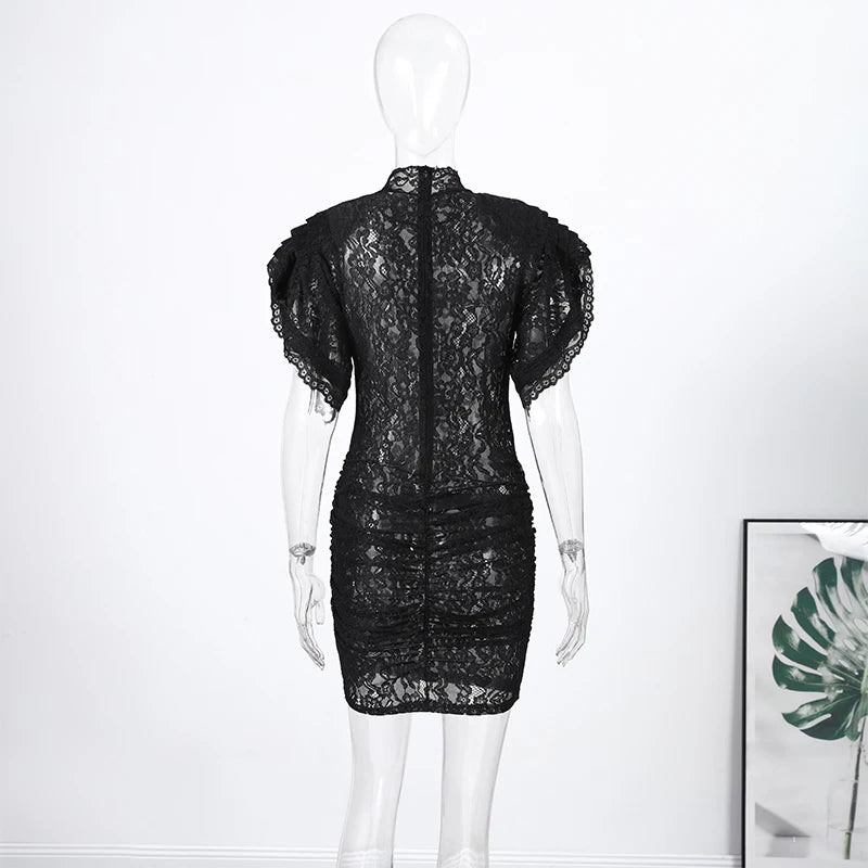 Sheer Lace Flared Sleeve Knee Length Party Dress for Women