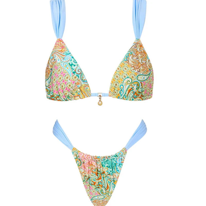 2025 Summer New Printed Slim Bikini Three Piece Set Vacation Casual Long Sleeve Beach Swimsuit Sexy Hollow Tie Up Split Swimwear
