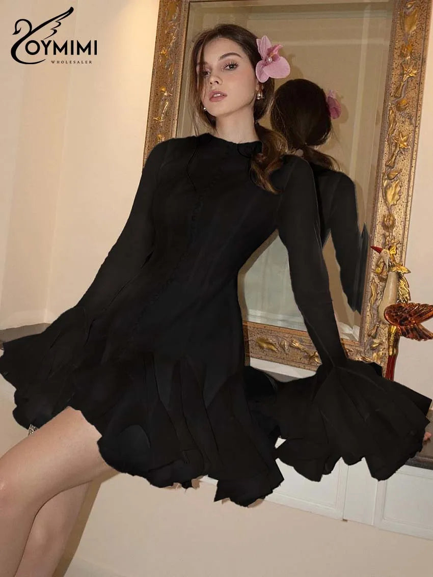 Oymimi Casual Pink O-Neck Women's Dress Fashion Petal Sleeve Single Breasted Solid Dresses Elegant High Waist Pleated Mini Dress