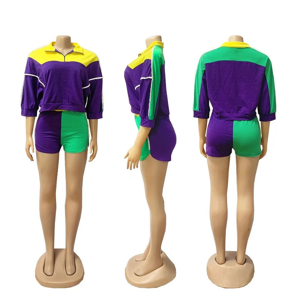 Sporty Color Block Crop Top and Shorts Set for Women