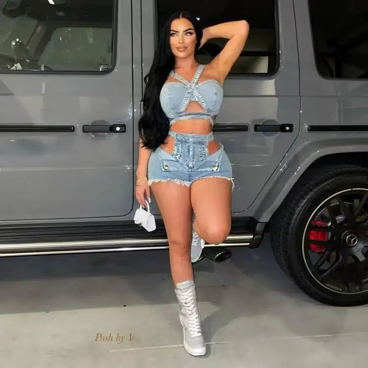 Hollow Out Denim Shorts Matching Two Piece Set for Women