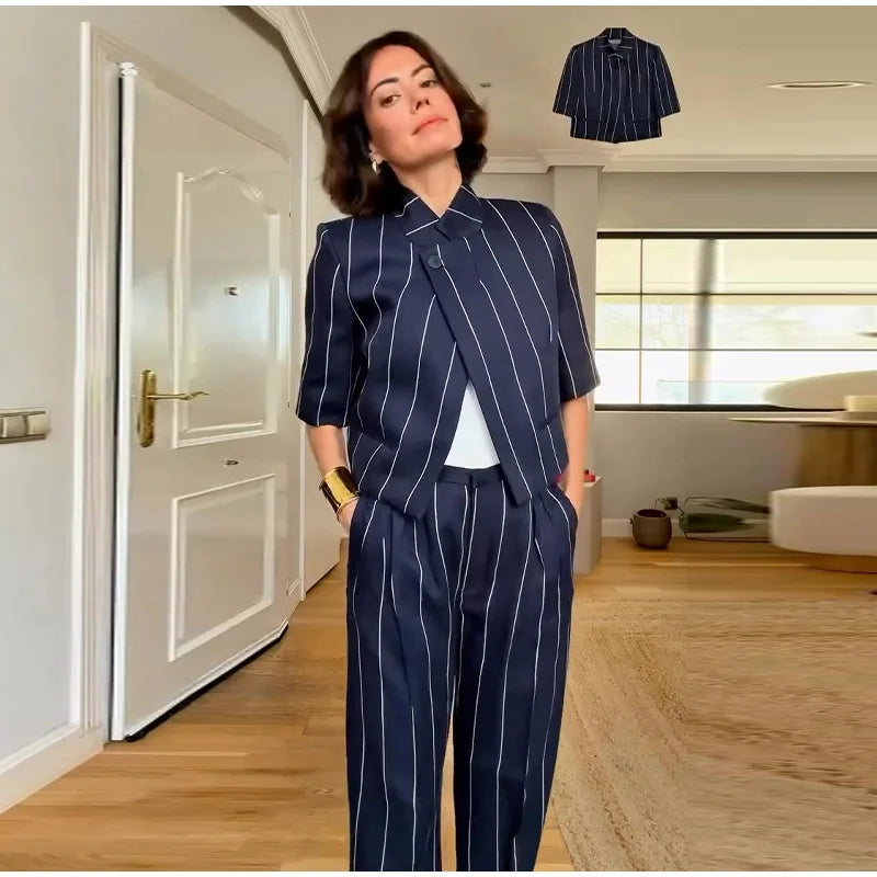 Elegant Striped Two Piece Coat and Pants Set for Women