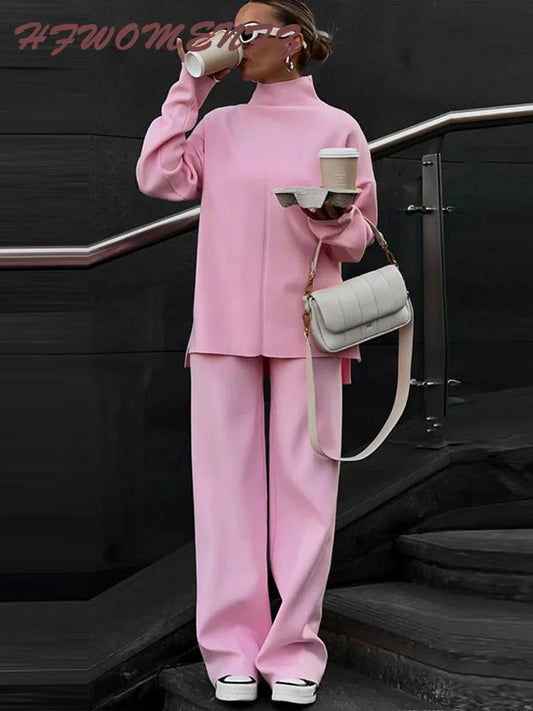 Solid Turtleneck Sweatshirt And Wide Leg Pants Set