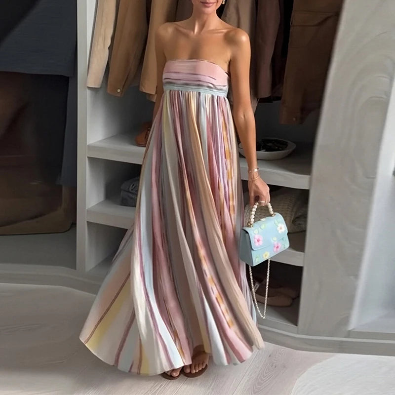Bohemian Striped Strapless Pleated Maxi Dress for Women