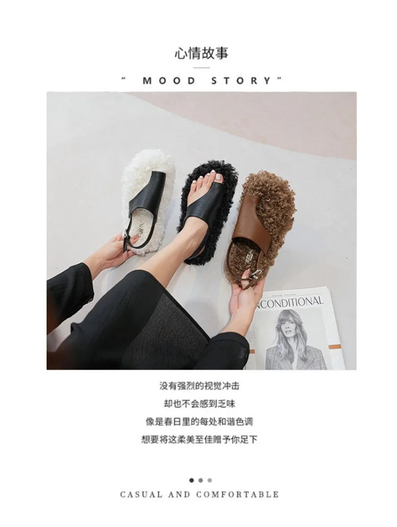 Cozy Plush Buckle Strap Flat Toe Slippers for Women