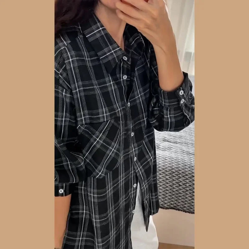 Plaid Loose Long Sleeve Button-Front Shirt for Women