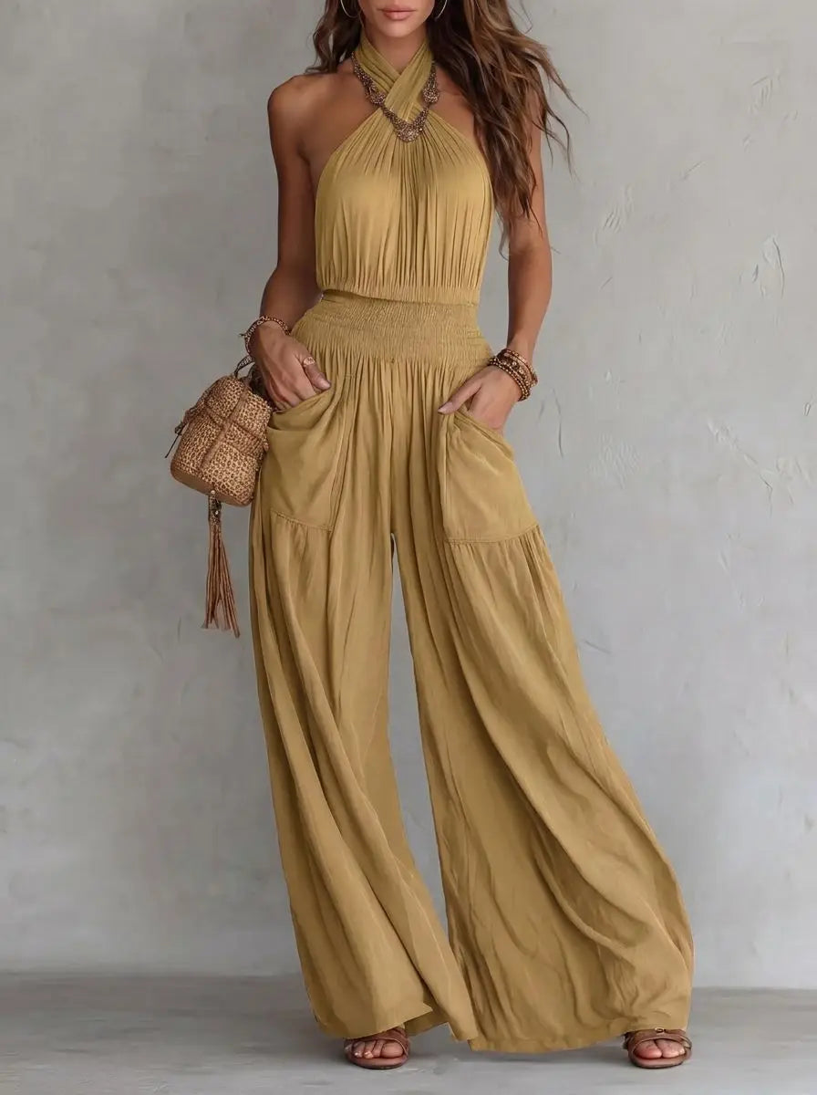 Halter Neck Solid Color Smocked High Waist Wide Leg Pockets Jumpsuit for Women