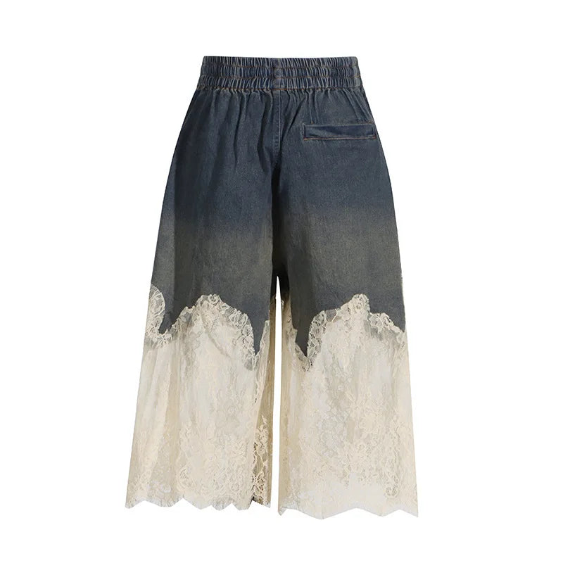 ANJY Summer New Women Y2K Streetwear Ins Fashion Sexy Hot Lace Patchwork Denim Camisole Vest Casual Drawstring Fifth Pants A7219