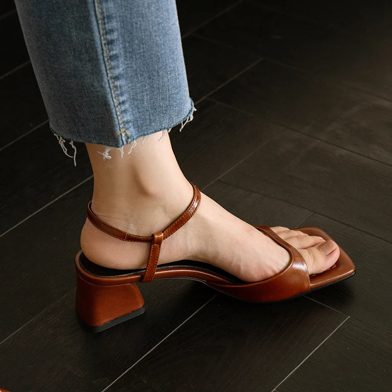 Summer Narrow Band Elegant Square Heel Sandals for Women