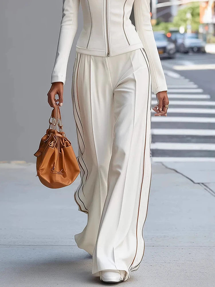 Patchwork Long Sleeve Pullover and Wide Leg Pants Set for Women
