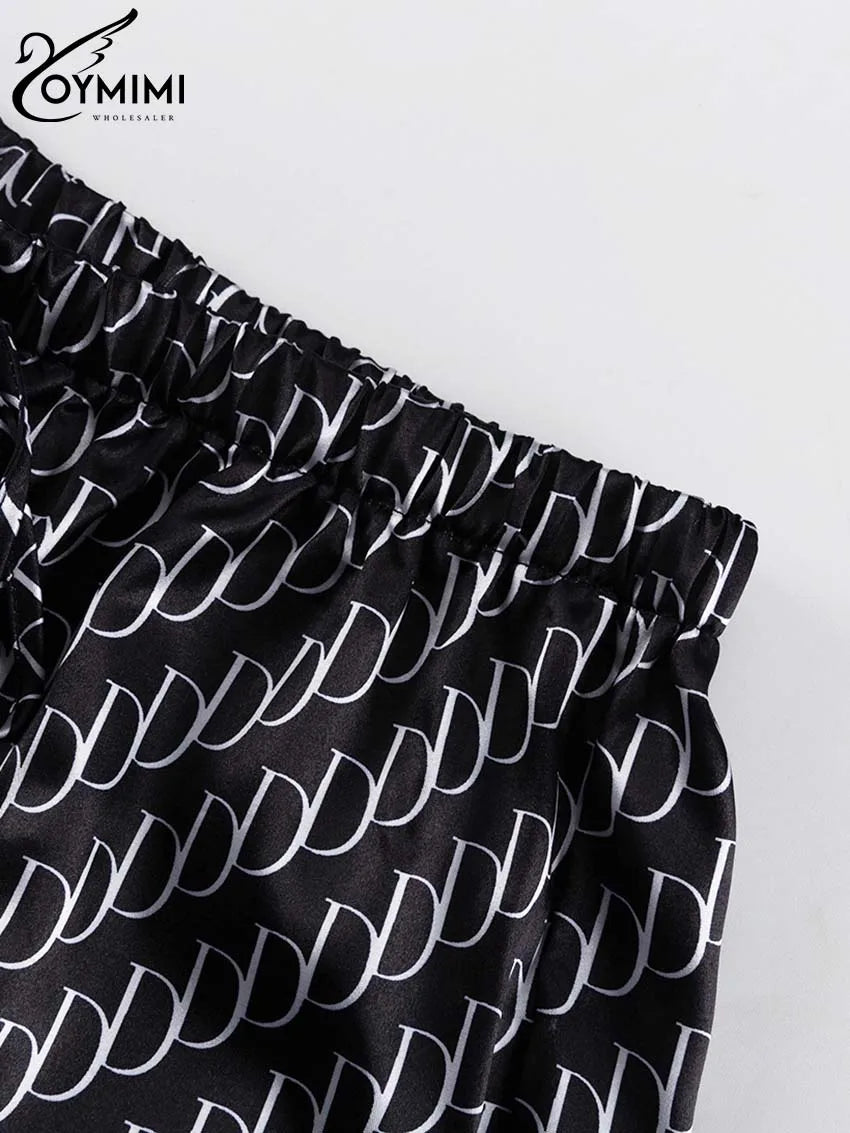 Oymimi Fashion Black Print Womens 2 Piece Outfit Set Elegant Lapel Long Sleeve Shirts And High Waisted Lopse Straight Pants Sets